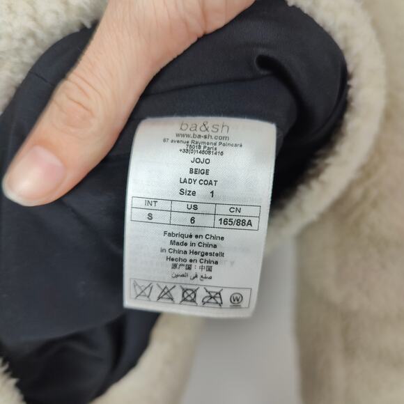ba&sh Sherpa Jacket Womens 1 Small Jojo Lady Coat Beige Full Zip Teddy Hooded - Picture 7 of 8